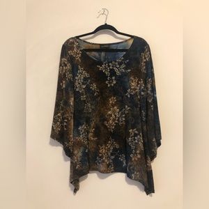 Women's Brittany Black Blue/Brown Floral Blouse, Gold Glitter Accents, EXCELLENT